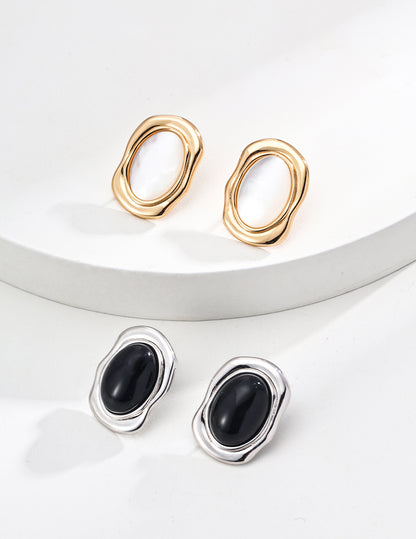 Minimalist Black Agate and Shell Earrings