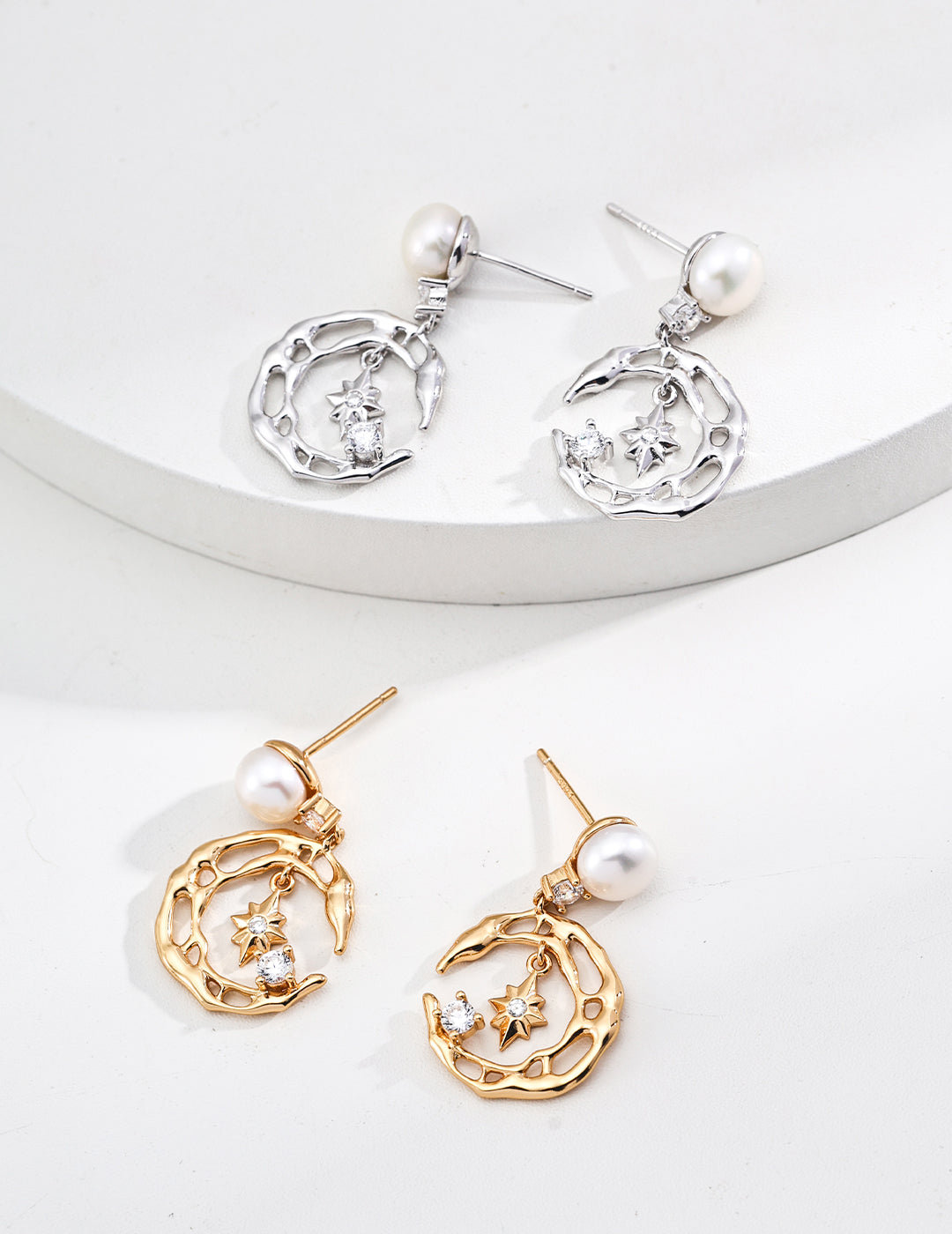 Artistic Natural Pearl and Zircon Earrings