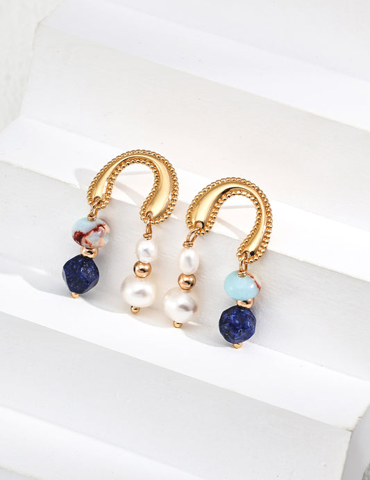 Minimalist Natural Pearl and Lapis Lazuli Earrings