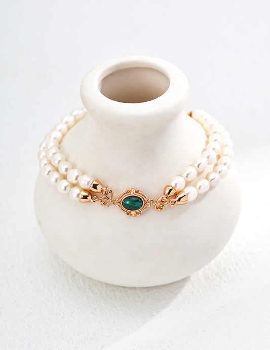 Minimalist Natural Pearl and Malachite Bracelet