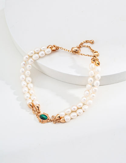 Minimalist Natural Pearl and Malachite Bracelet