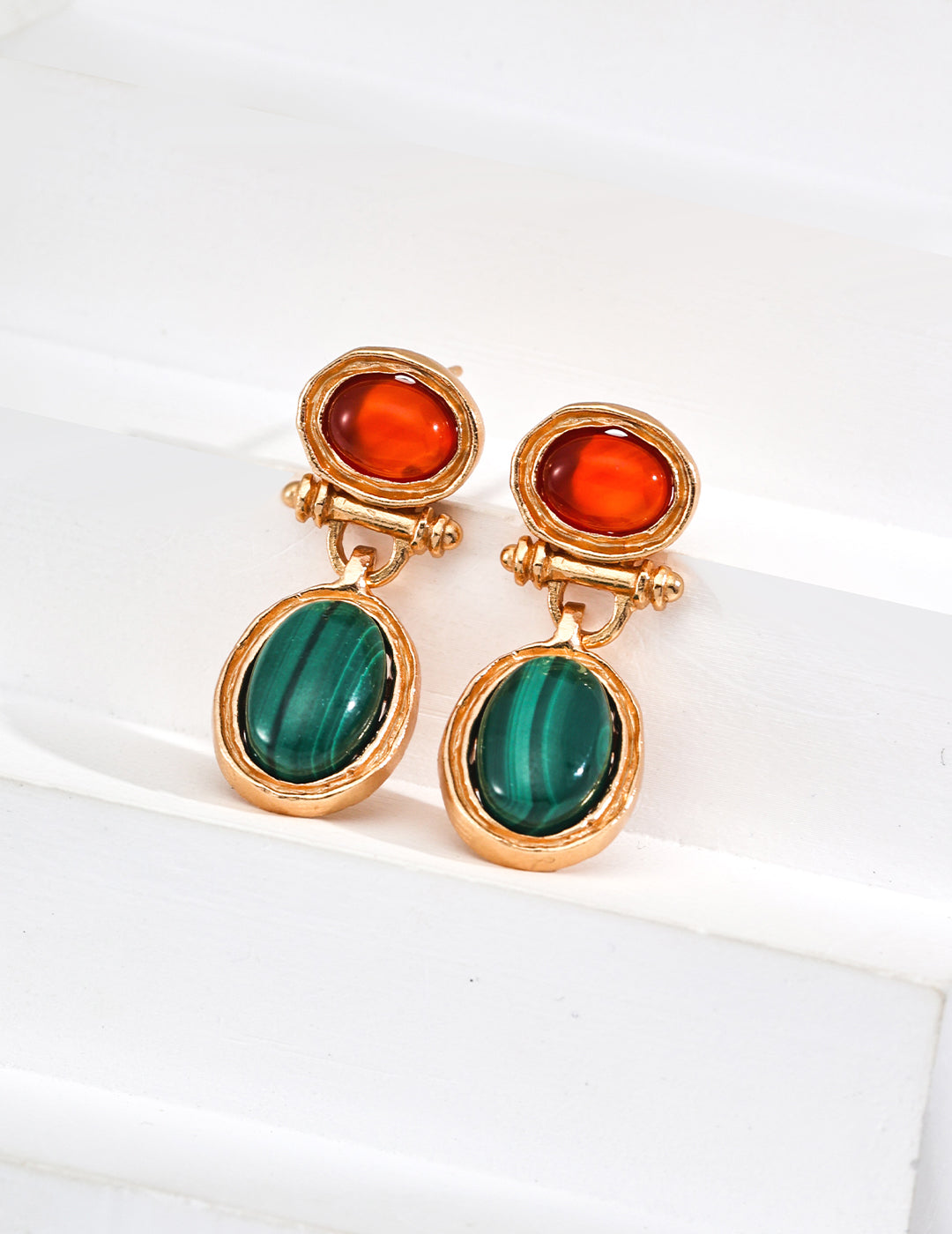 Vintage Natural Malachite and Red Agate Earrings