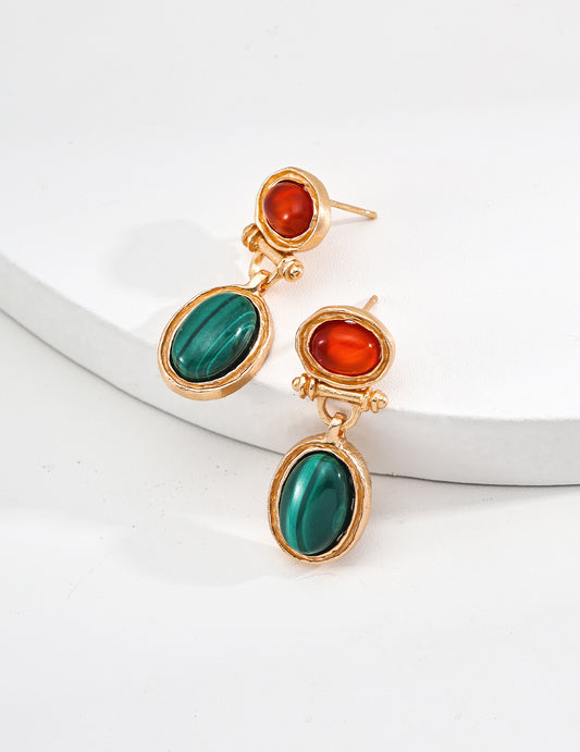 Vintage Natural Malachite and Red Agate Earrings