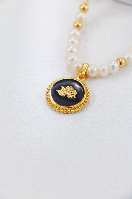 Vintage Gold Enamel Rose Pearl Necklace