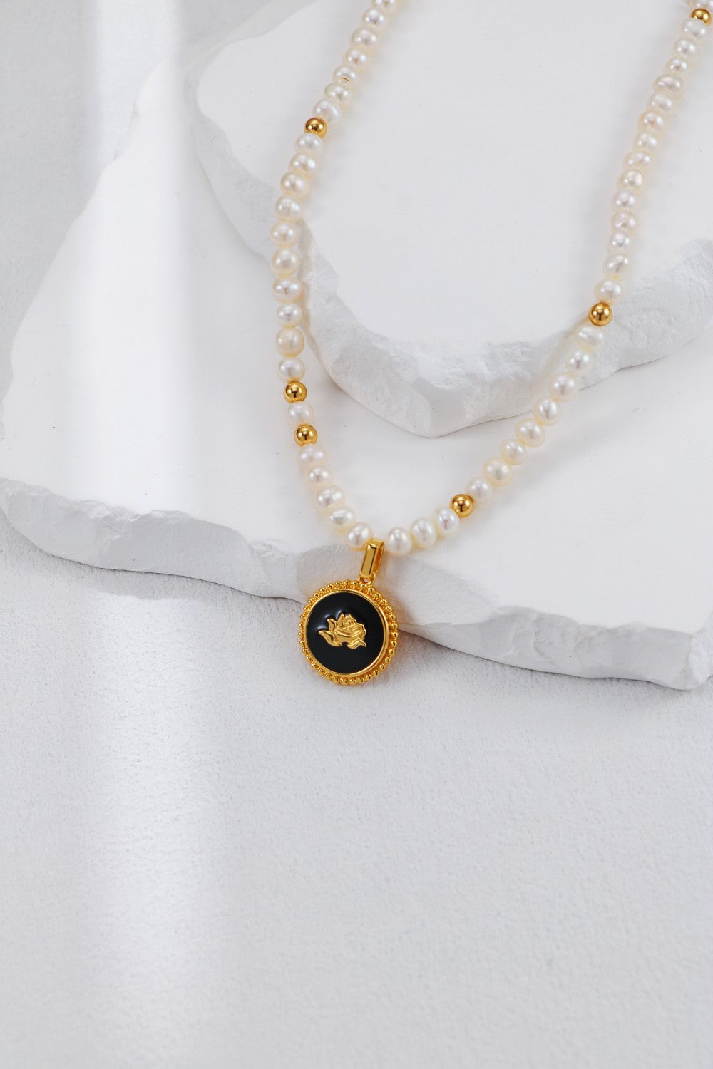 Vintage Gold Enamel Rose Pearl Necklace