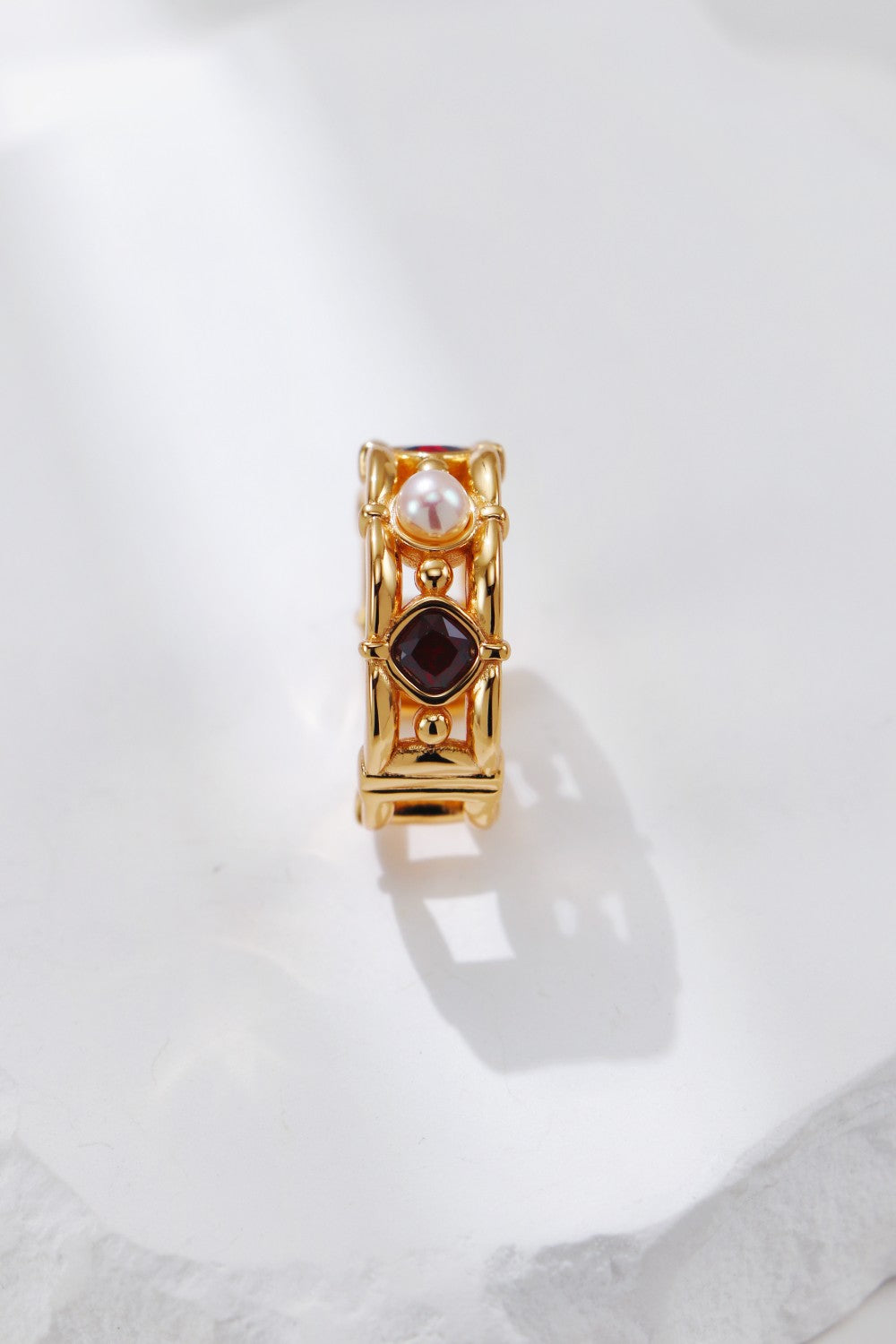 Vintage Gold Pearl and Red Zircon Ring