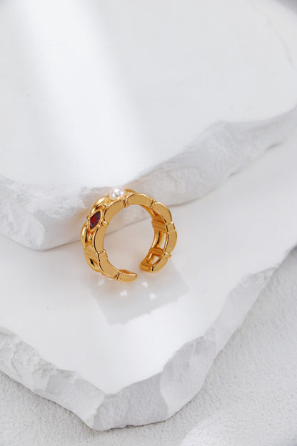 Vintage Gold Pearl and Red Zircon Ring