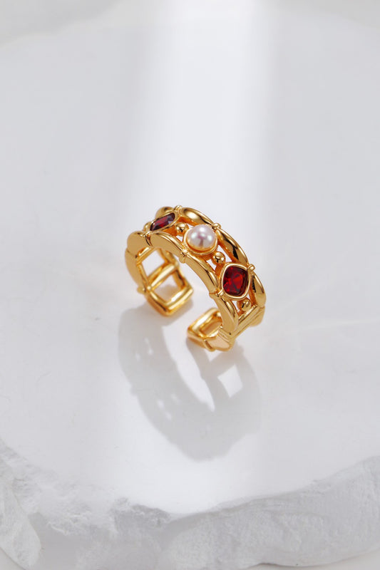 Vintage Gold Pearl and Red Zircon Ring