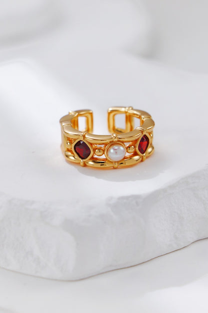 Vintage Gold Pearl and Red Zircon Ring