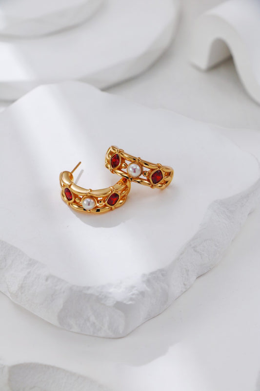 Vintage Gold Pearl and Red Zircon Earrings