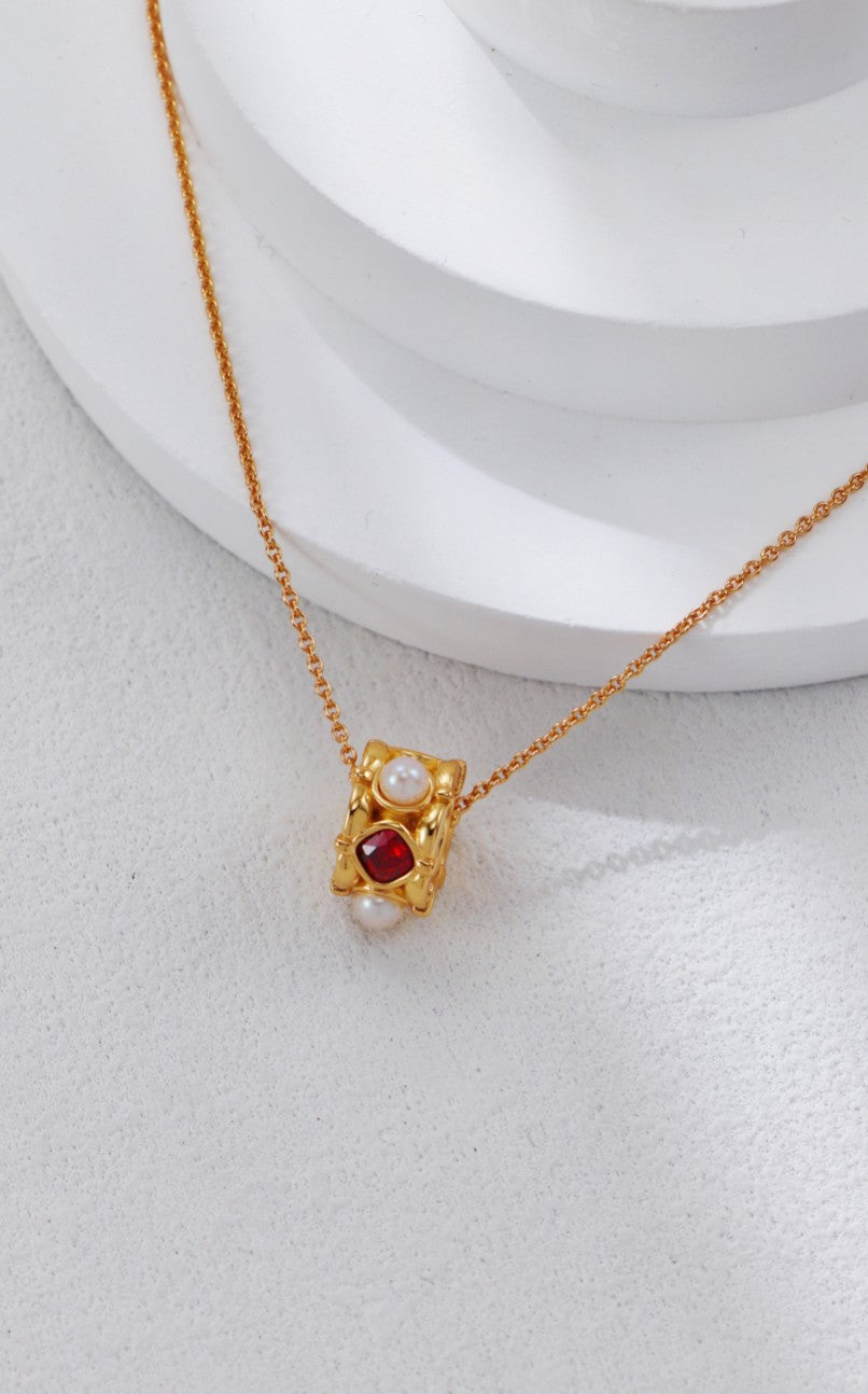 Vintage Gold Pearl and Red Zircon Necklace