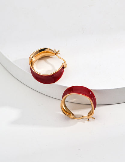 Silver Minimalist Red Enamel Earrings