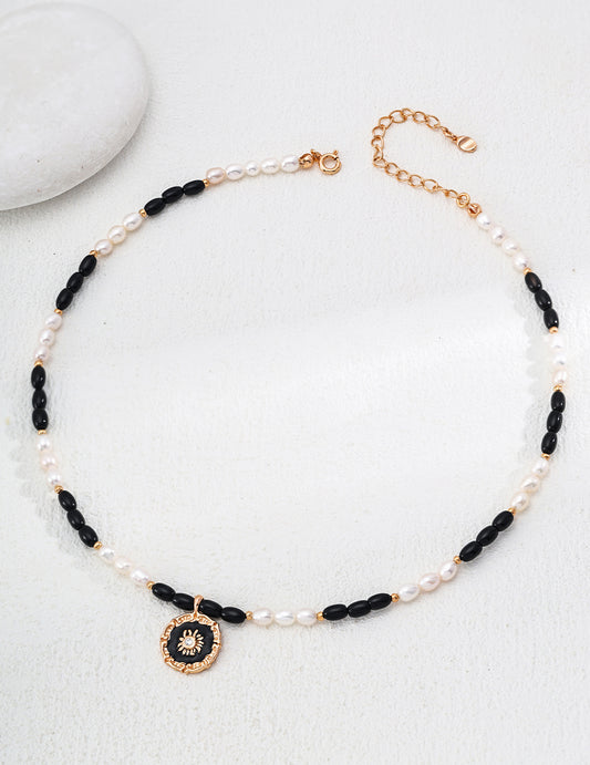 Natural Pearl, Black Onyx and Zircon Enamel Pendant Necklace