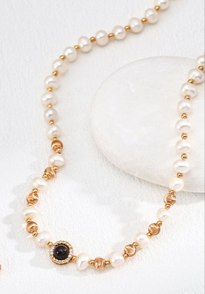 Natural Pearl, Tiger’s Eye and Zircon Necklace